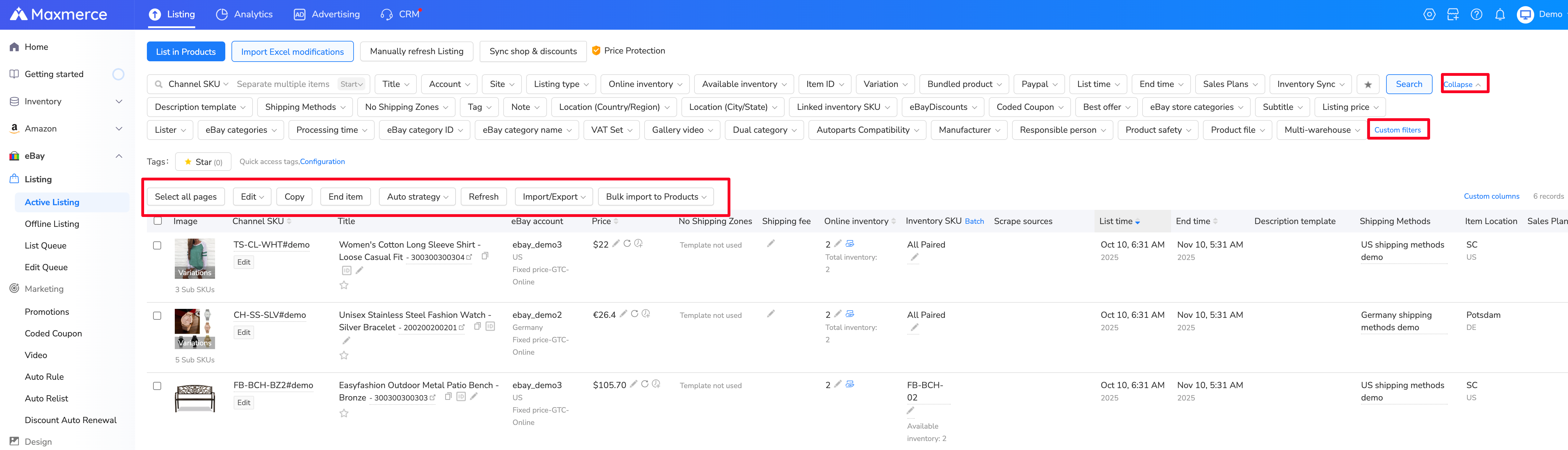 Maxmerce eBay Active Listing Manager showing filters and listing controls