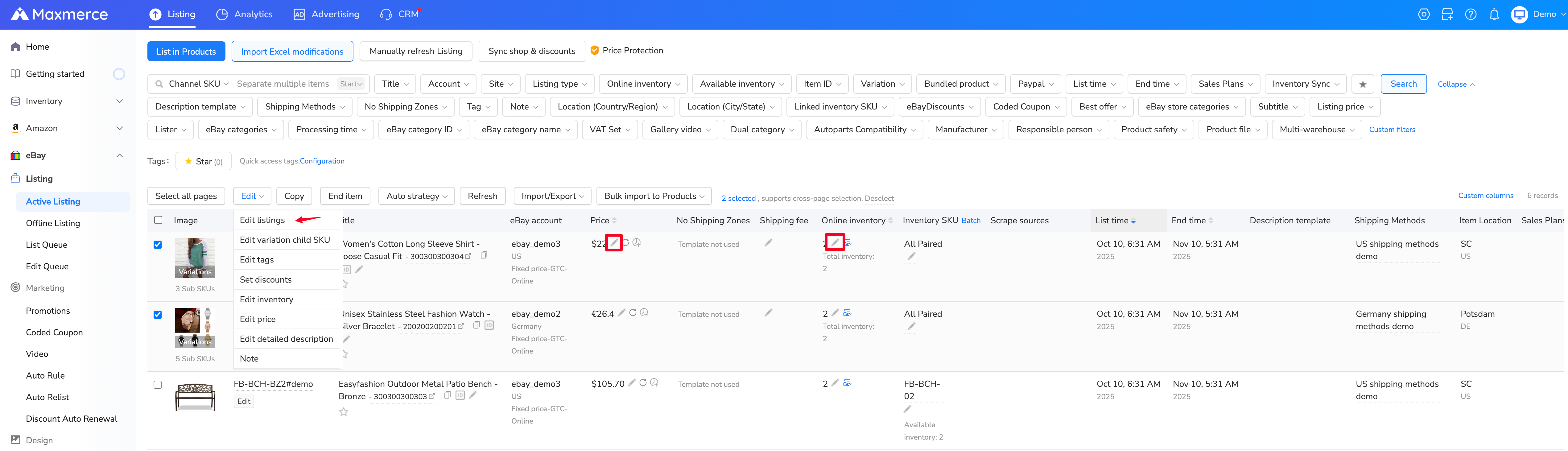 Maxmerce eBay listing edit menu with batch and individual edit options
