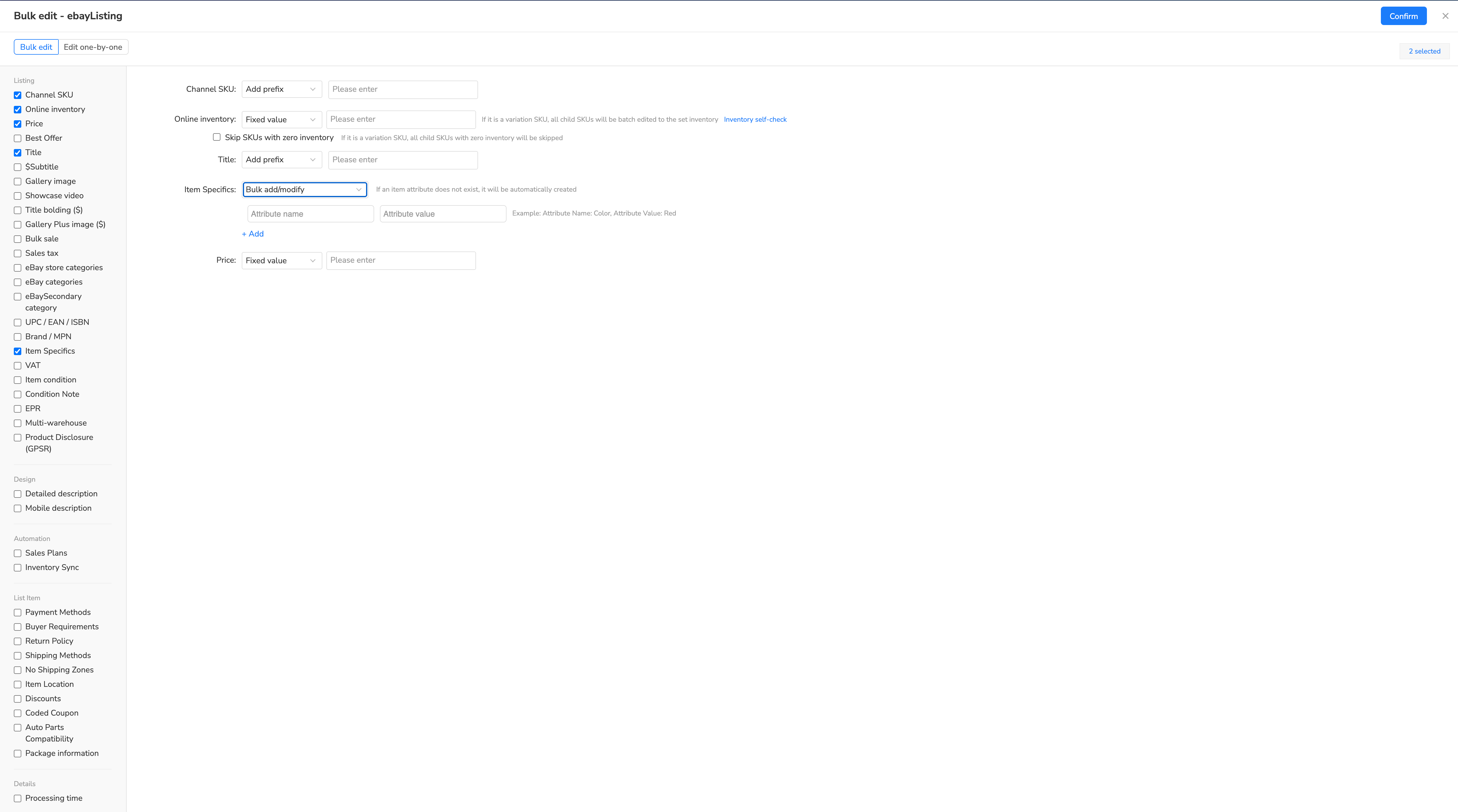 Maxmerce bulk-edit interface showing processing time among the editable eBay listing fields