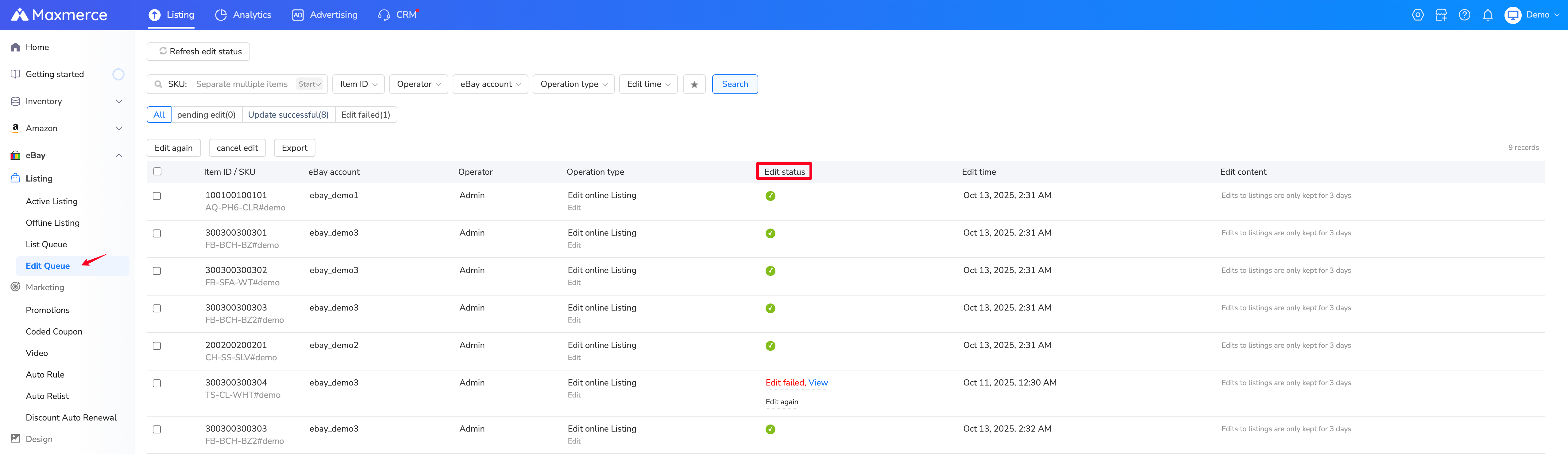 Maxmerce Edit Queue showing the processing status of eBay listing changes