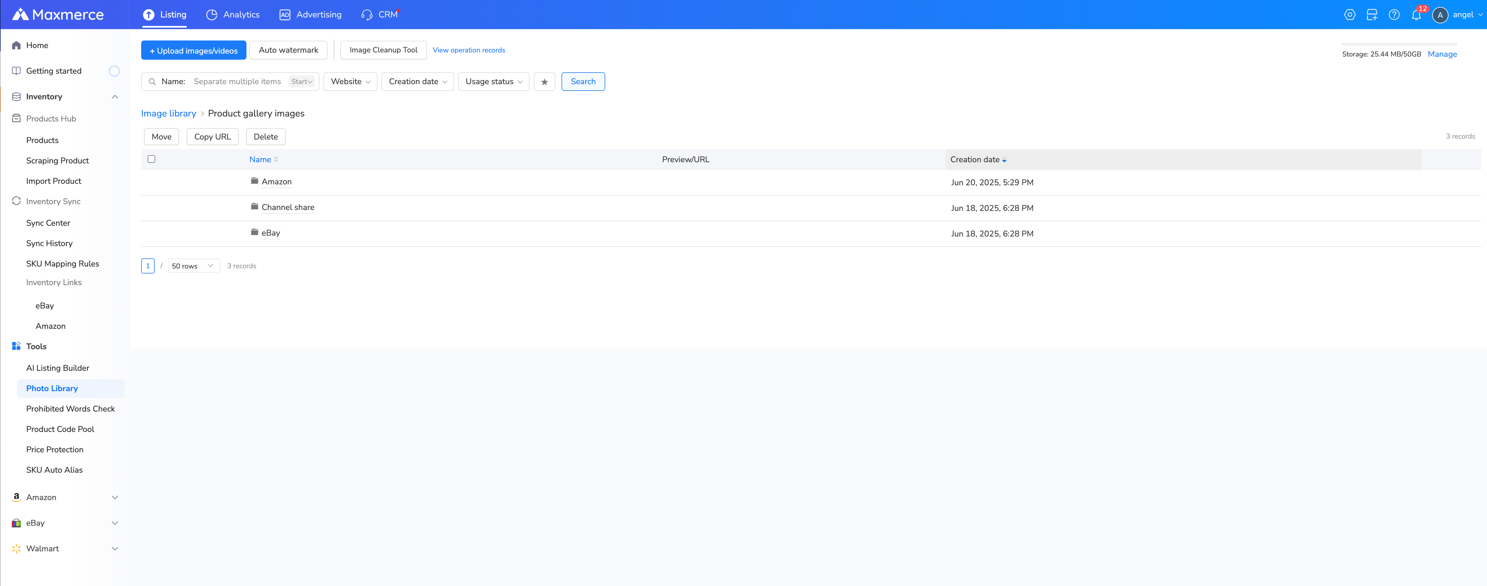 Maxmerce Photo Library folders for shared, eBay and Amazon product images