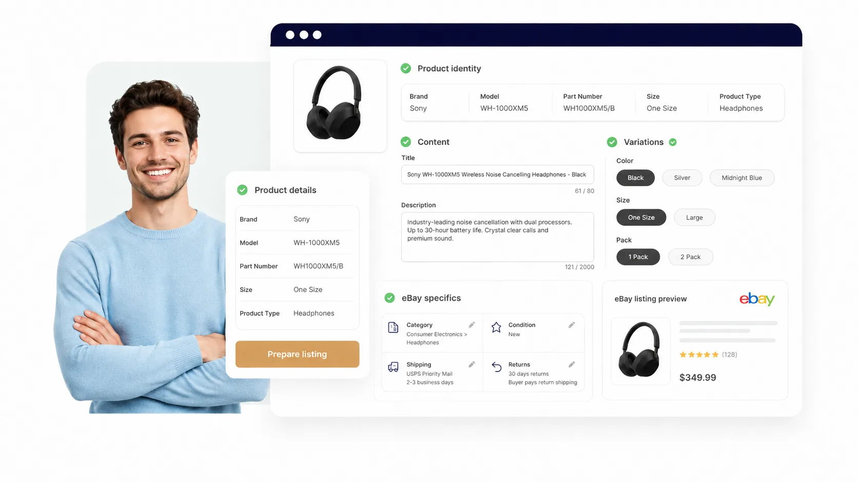 Organized product identity, content, variations, eBay specifics and listing preview