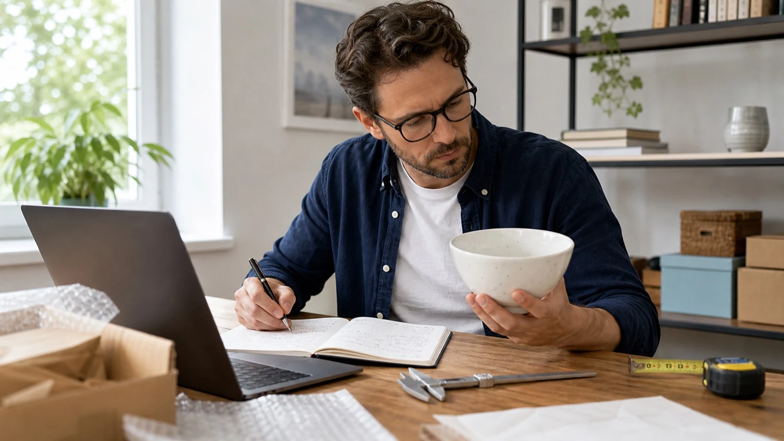 Seller checking a physical product and notes before publishing an eBay listing