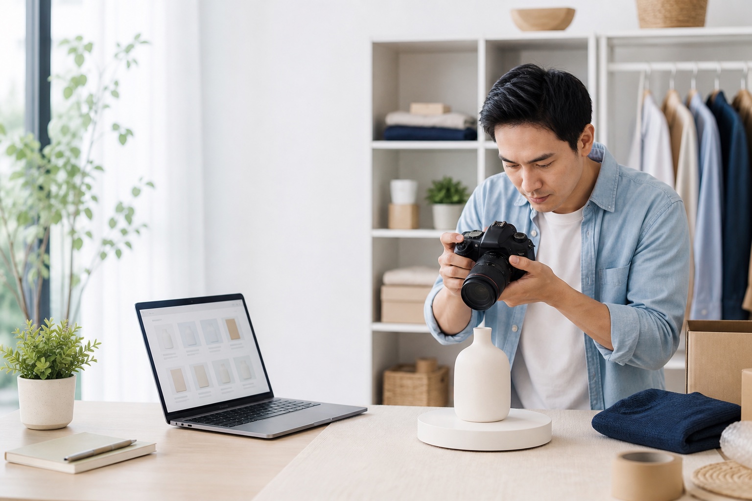 Online seller photographing an unbranded product beside a laptop before creating a listing