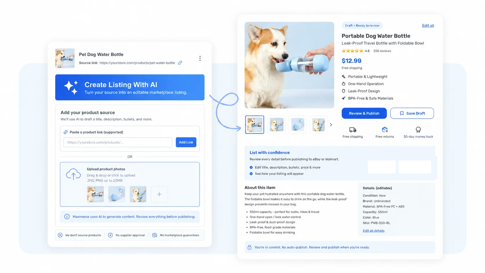 Product source inputs turning into an editable Maxmerce marketplace listing ready for seller review