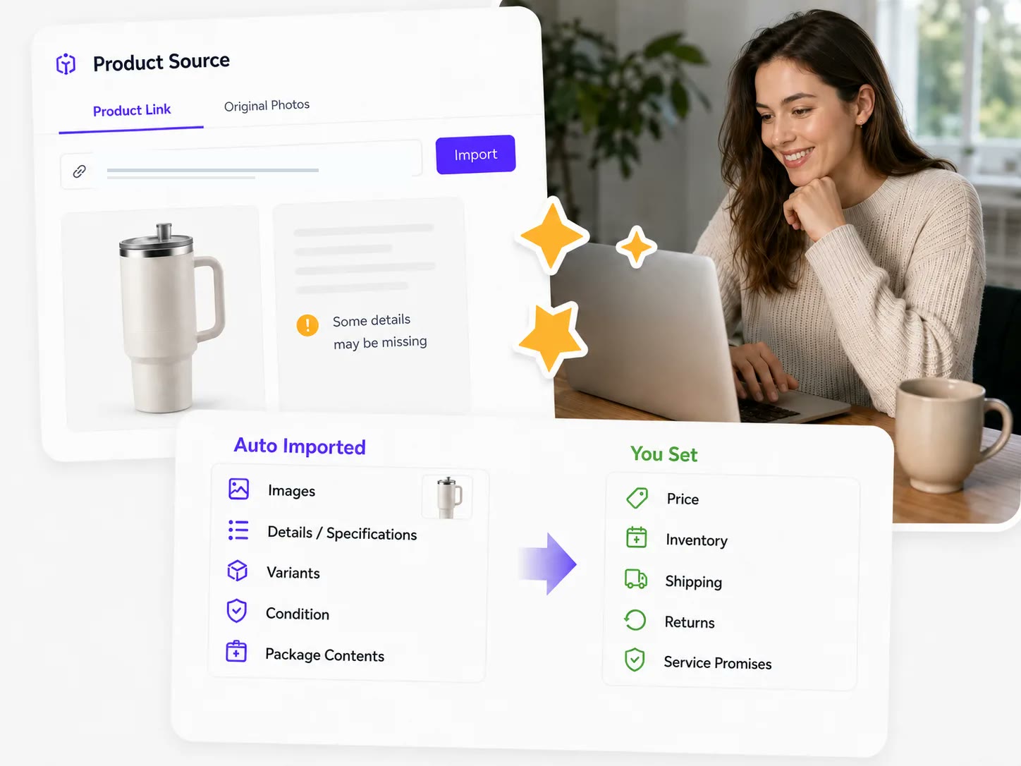 Product source import showing automatically collected details and seller-controlled listing settings