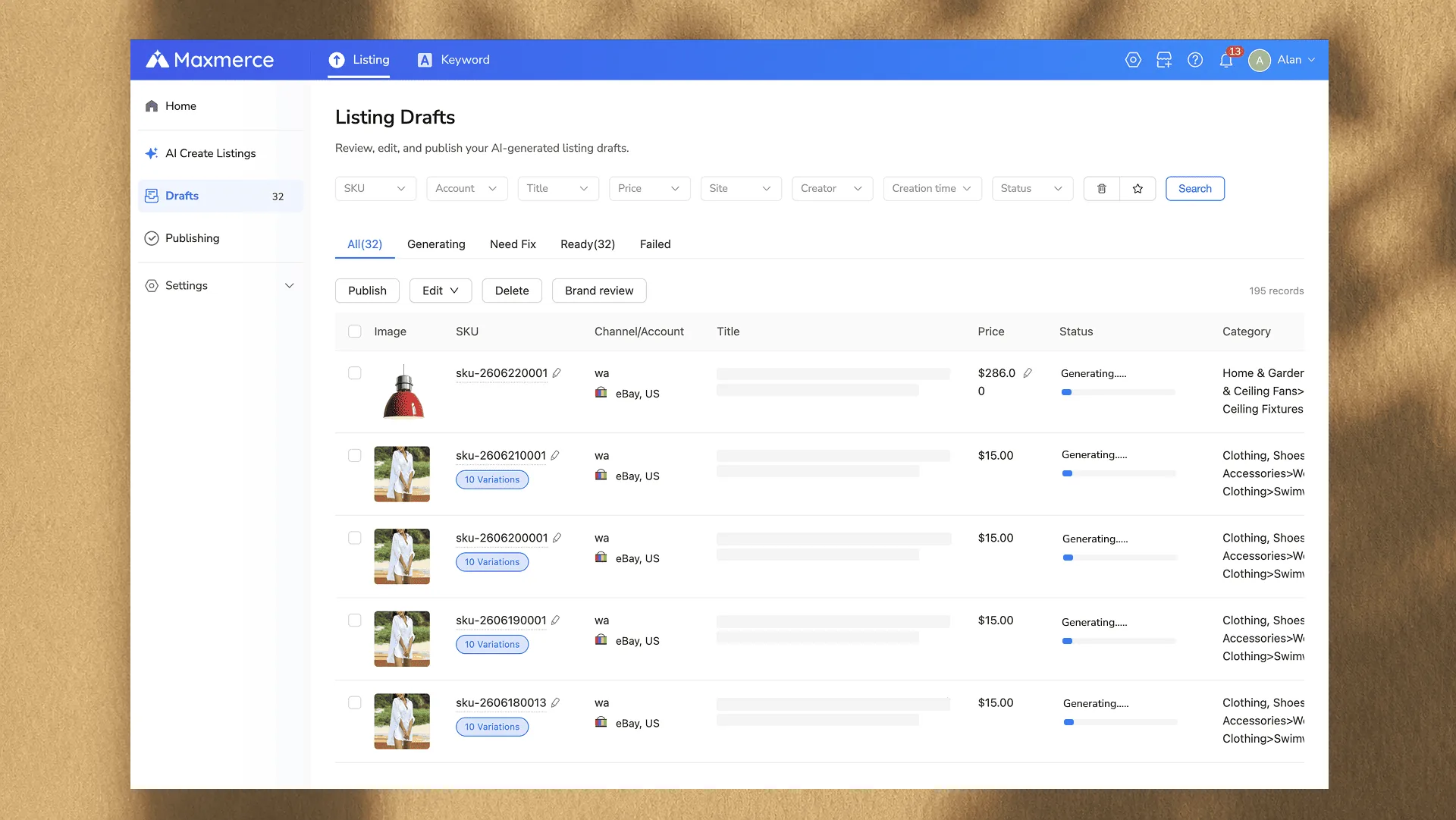 Maxmerce listing content generation screen