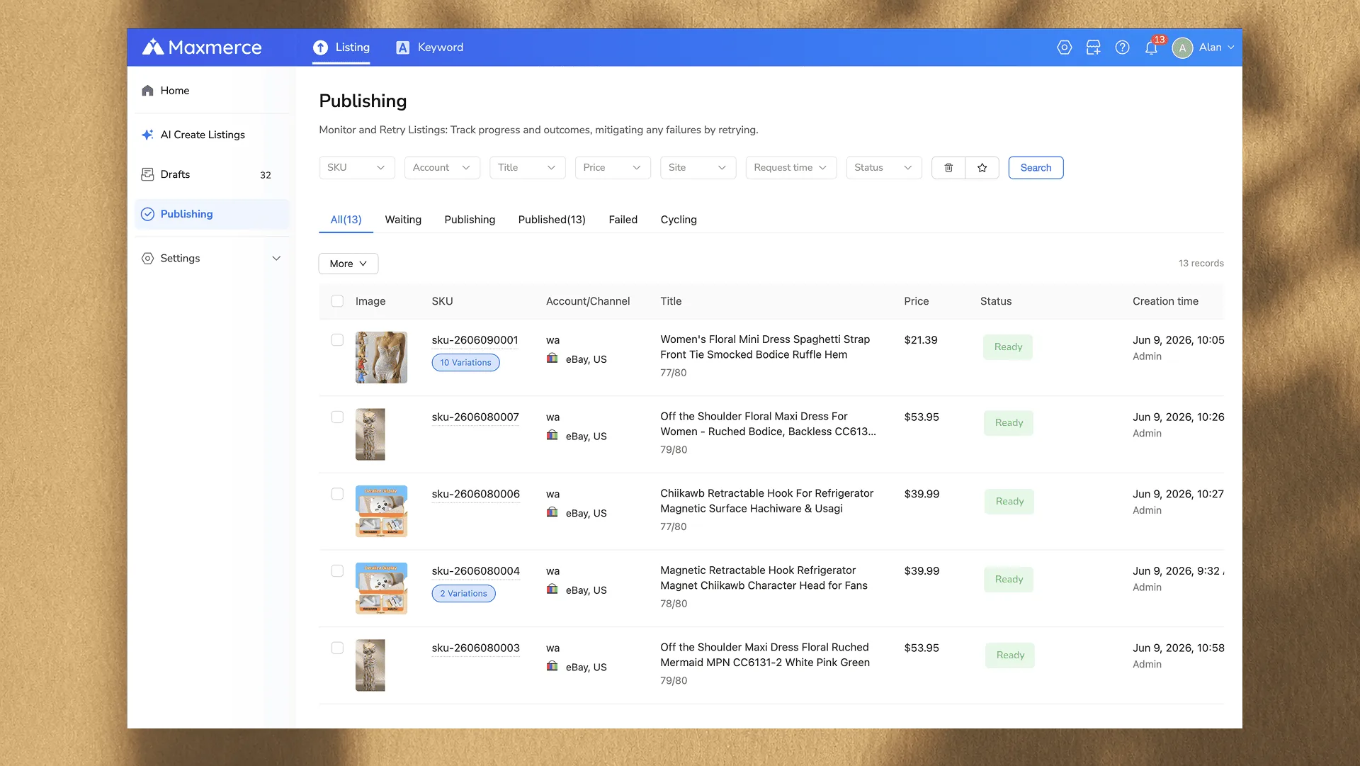 Maxmerce listing review and publishing screen