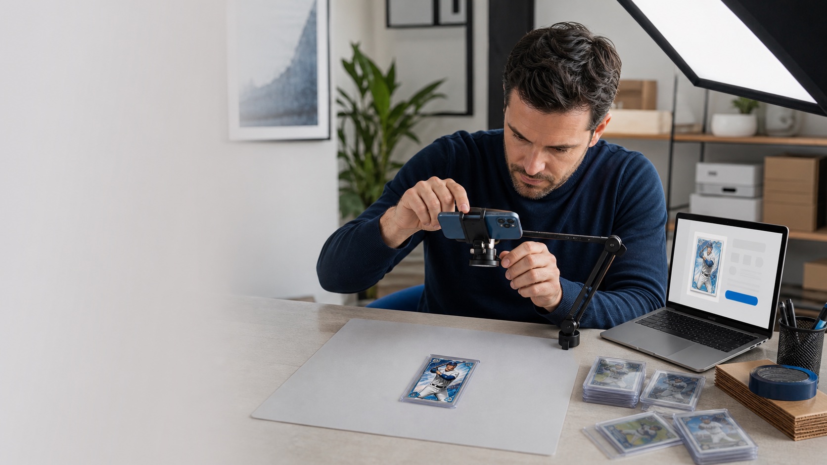 Sports card seller photographing a baseball card beside an editable listing on a laptop