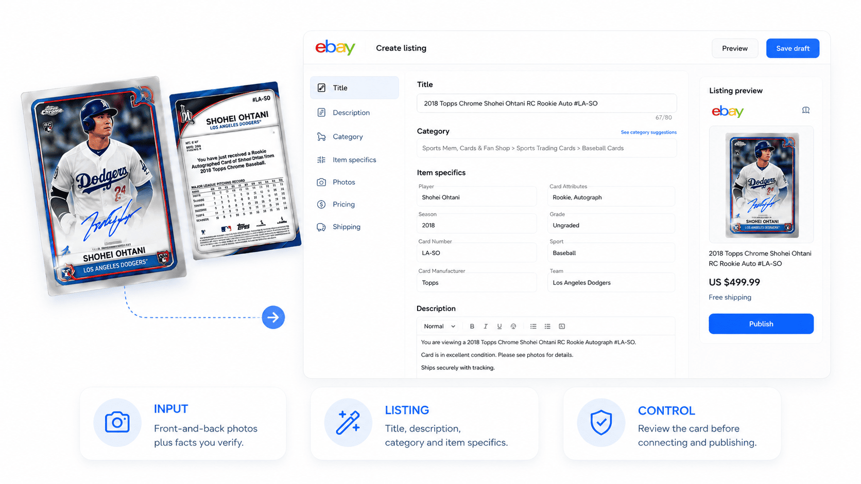 Sports card photos turning into an editable eBay listing workflow with review controls
