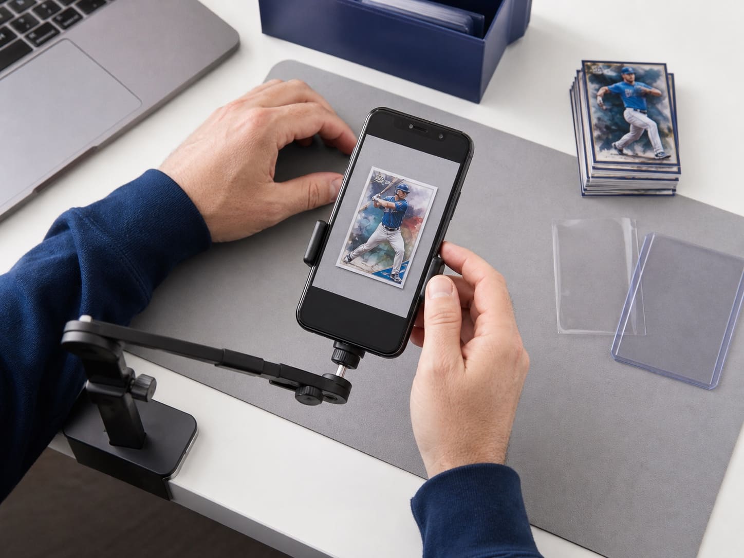 Seller photographing a fictional baseball card on a clean capture mat