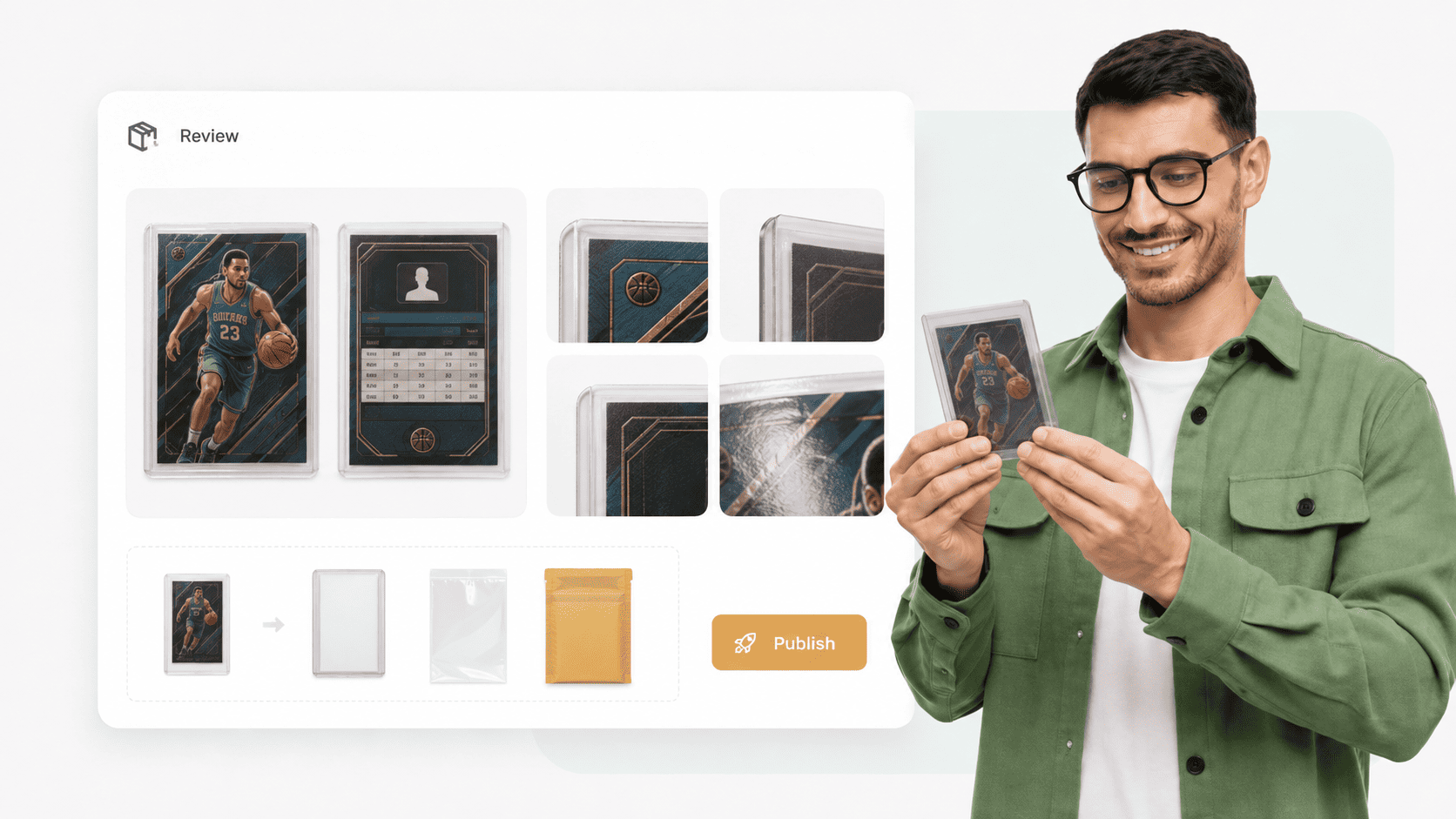 Sports card seller reviewing card photos and publishing workflow details before listing