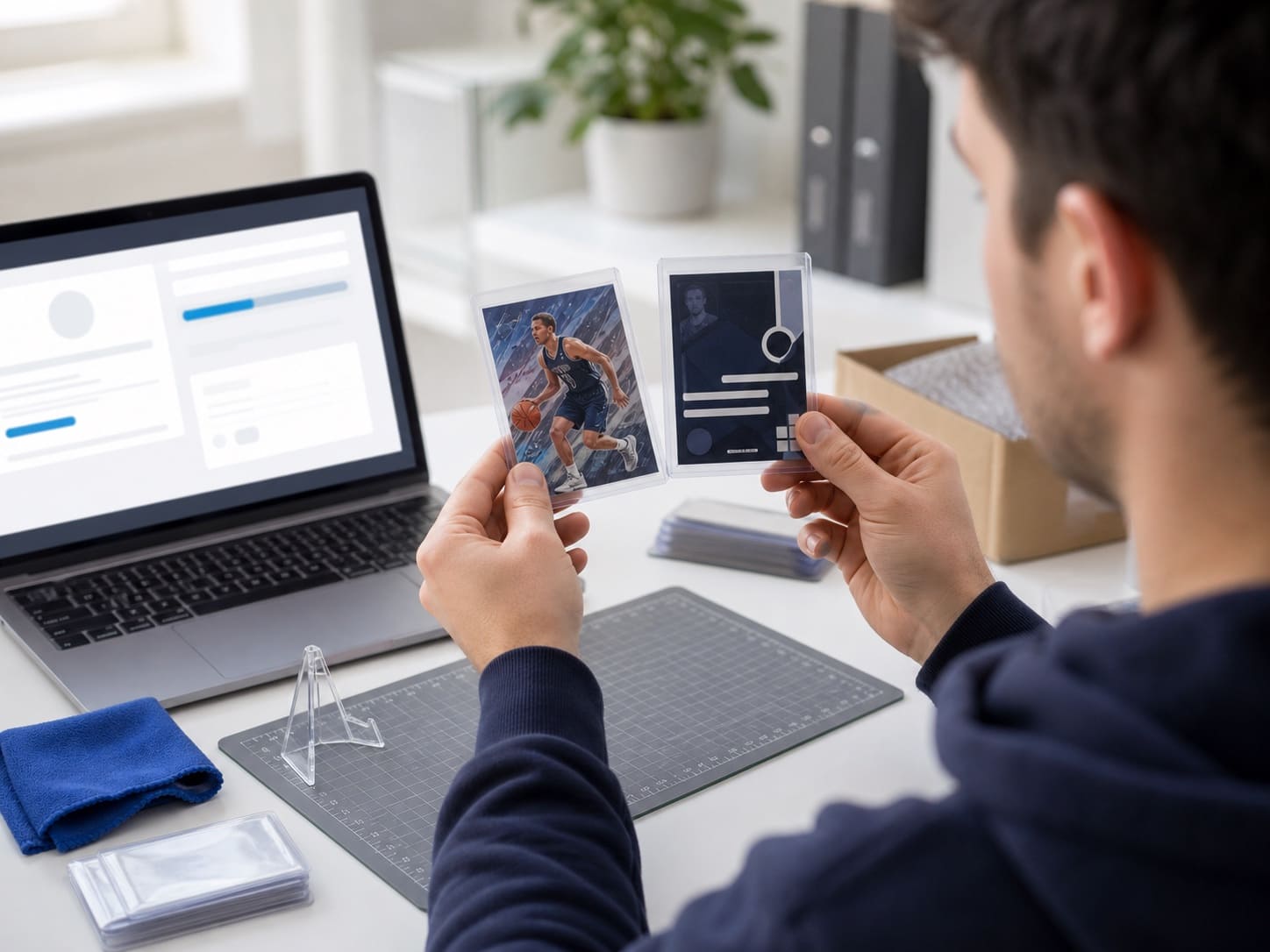 Sports card seller reviewing card photos beside an editable eBay listing