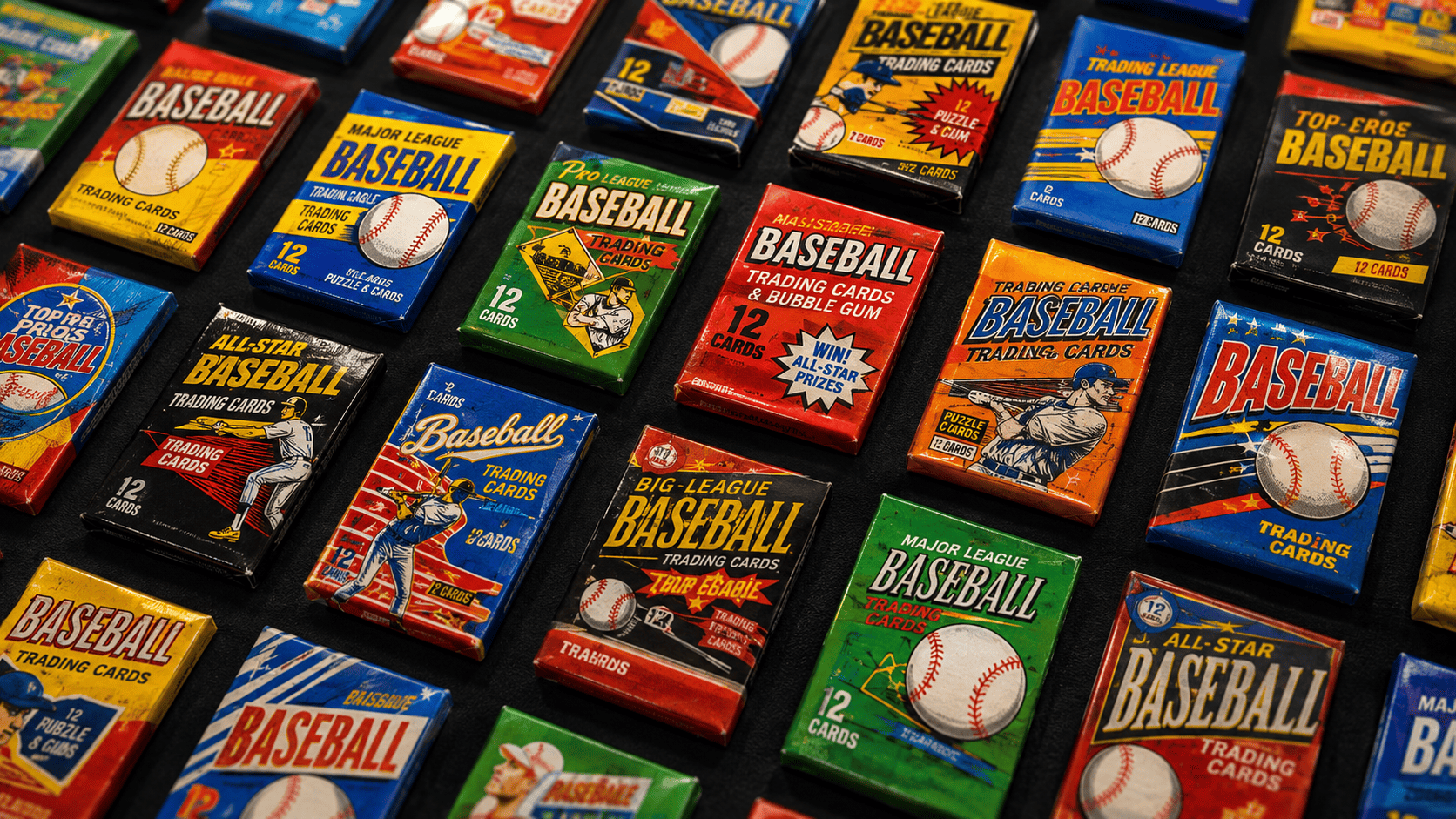 Vintage baseball trading card packs arranged as sports card inventory for eBay selling